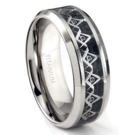 Titanium 8MM Masonic Symbol Inlay over Black Carbon Fiber Inlay Wedding Band Ring