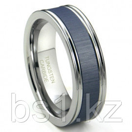 Tungsten Carbide Blue Ceramic Inlay Wedding Band Ring w/ Horizontal Satin Finish