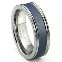 Tungsten Carbide Blue Ceramic Inlay Wedding Band Ring w/ Horizontal Satin Finish