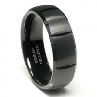 Black Tungsten 8MM Dome Wedding Band Ring w/ horizontal grooves