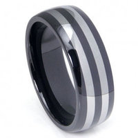 Black Ceramic Double Tungsten Inlay Dome Wedding Band Ring