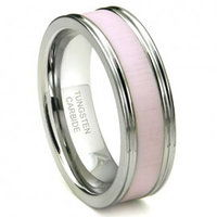 Tungsten Carbide Pink Ceramic Inlay Wedding Band Ring w/ Horizontal Satin Finish