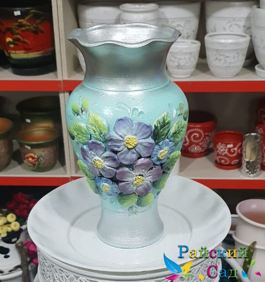 Керамическая ваза 25см. "Сиреневые цветы на голубом".