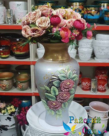 Керамическая ваза 30см. "Красные розы на сером"., фото 2