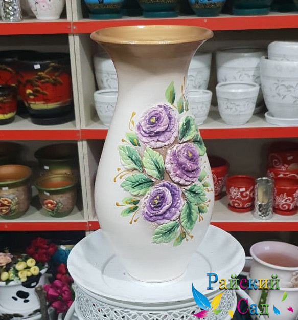 Керамическая ваза 30см. "Сиреневые цветы на белом". - фото 1 - id-p56582603