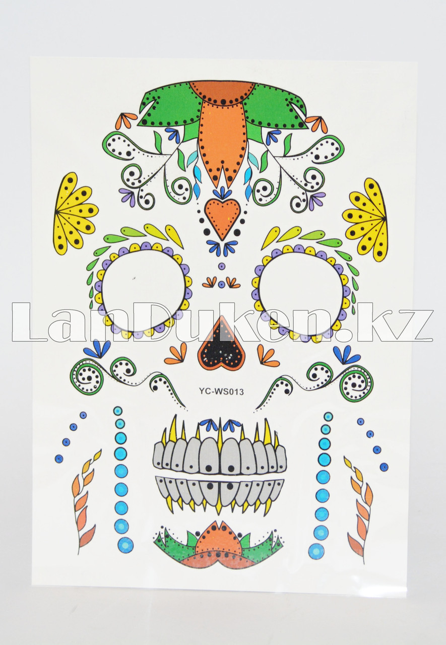Временное тату Temporary face tattoo YC-WS013 Хэллоуин (Halloween) 15х25 см сахарный череп цветной, фото 1