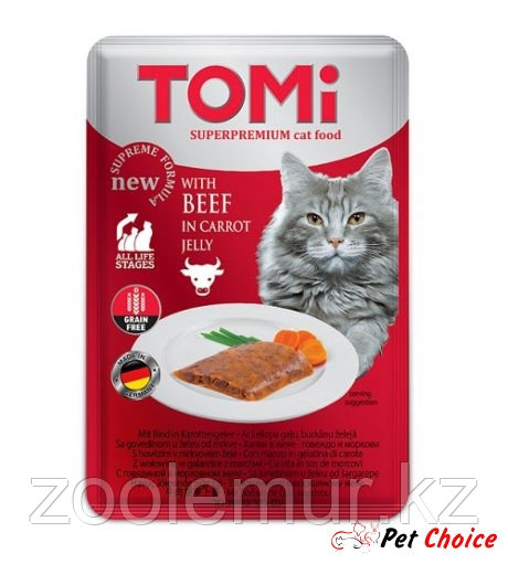 TOMI консервы для кошек-пауч GF c говядиной в морковном желе 100 гр. 