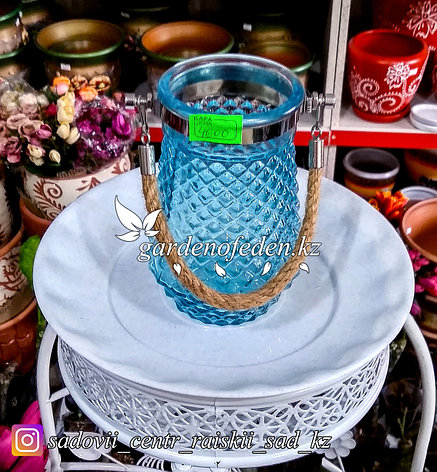 Стеклянная, декоративная ваза с ремешком. Цвет: Синий.  Высота 20см., фото 2