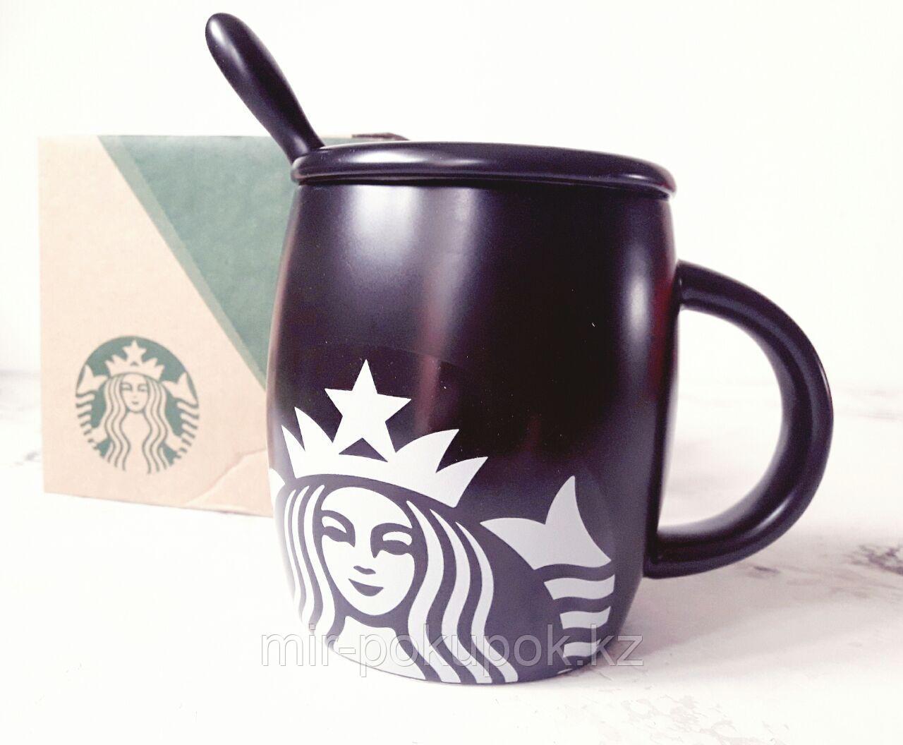 Кружка керамическая Starbucks (старбакс) с блюдцем и ложкой (черный), Алматы