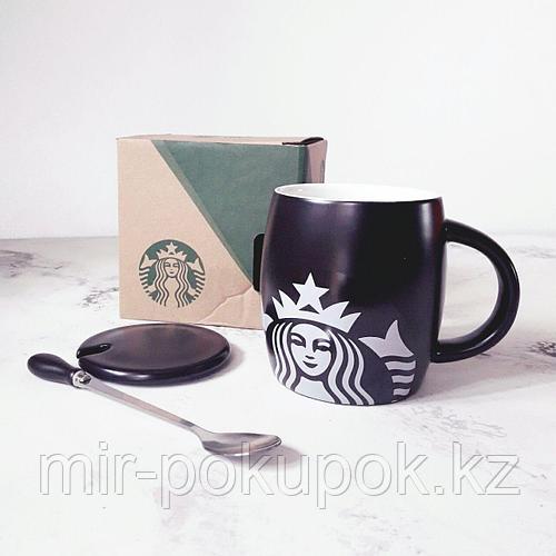 Кружка керамическая Starbucks (старбакс) с блюдцем и ложкой (черный ...
