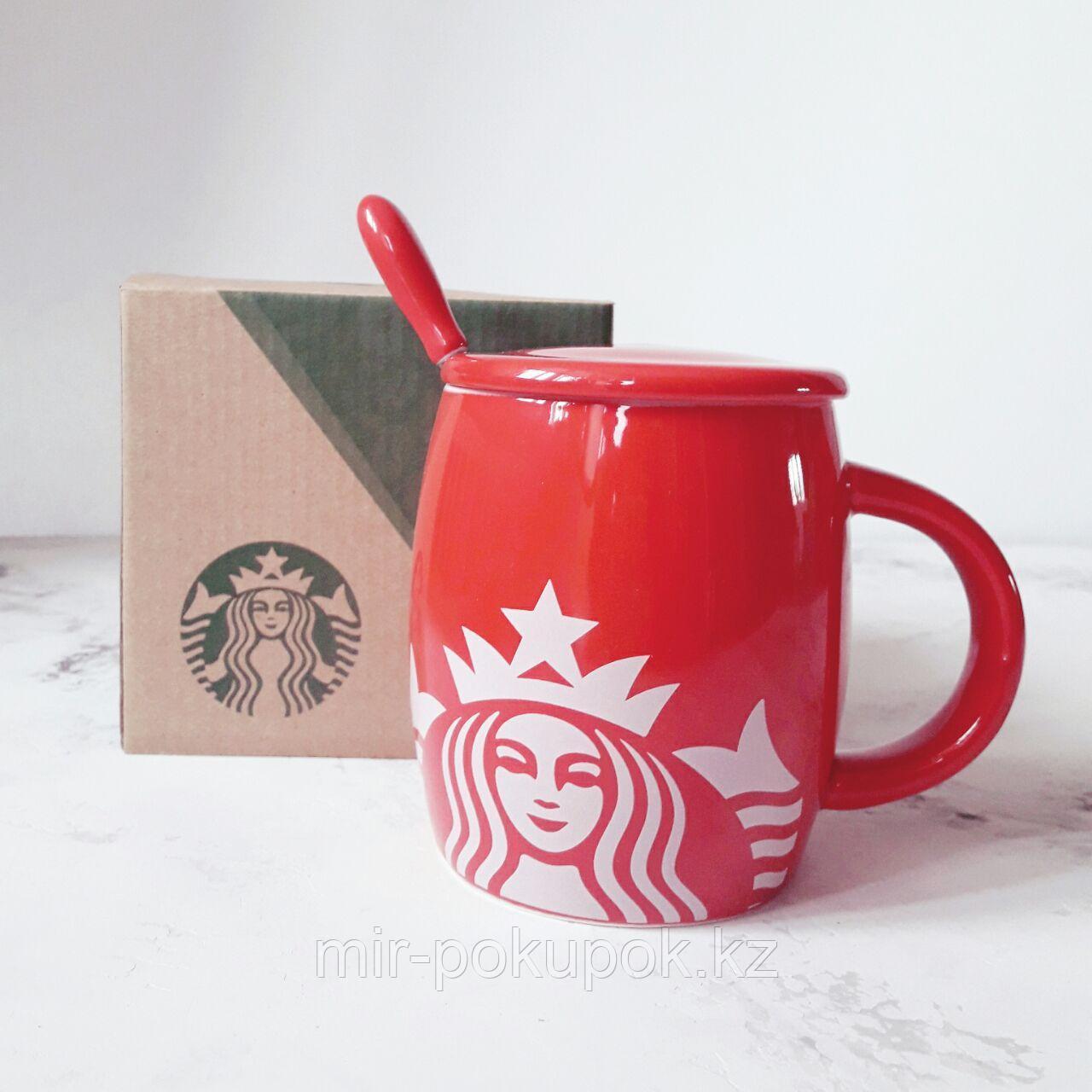 Кружка керамическая Starbucks (старбакс) с блюдцем и ложкой (красный), Алматы