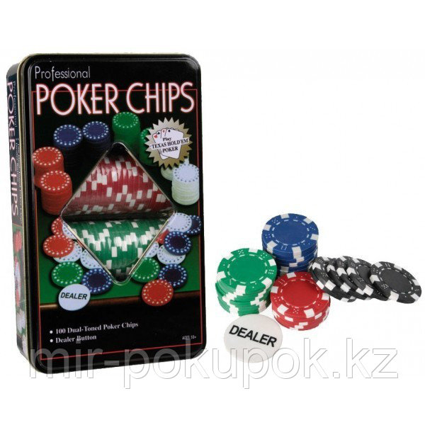 Набор номинальных фишек для покера в жестяной коробке «POKER CHIPS» (100 шт. + кнопка дилера), Алматы