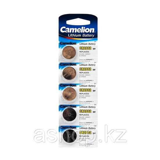 Батарейка Camelion CR2032-BP5 3 В, Упакова: Блистер 5 шт., Аналоги: CR2032\5004LC, Тип батареи: Литиевая, Совм
