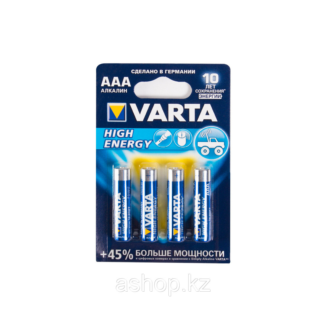 Батарейка VARTA LR03-BP4DG High Energy Micro 1,5 В, Упакова: Блистер 4 шт., Аналоги: LR03\24A\AAA\А286, Тип ба