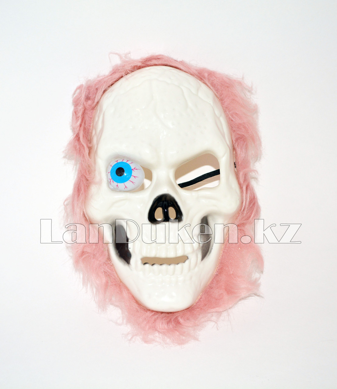 Маска на Хэллоуин череп с выпученным глазом и розовыми волосами на резинке A71