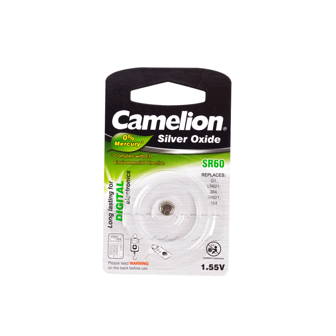 Батарейка CAMELION SR60-BP1(0%Hg) Silver Oxide 1.55V 0% Ртути 1 шт. Блистер