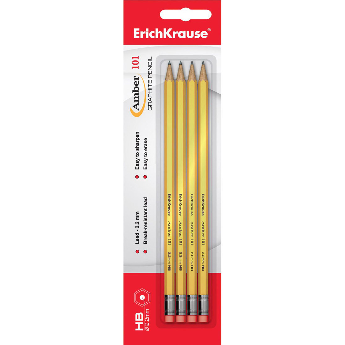 Чернографитный шестигранный карандаш с ластиком ErichKrause® 32837 Amber 101 HB (в блистере по 4шт.) жёлтый