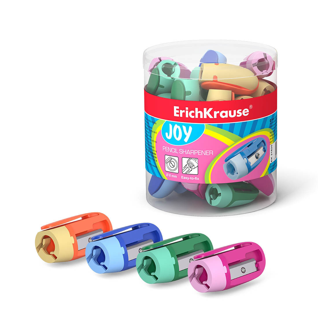 Пластиковая точилка ErichKrause® 21825 Joy® цвет корпуса ассорти (в тубусе по 48 шт.)