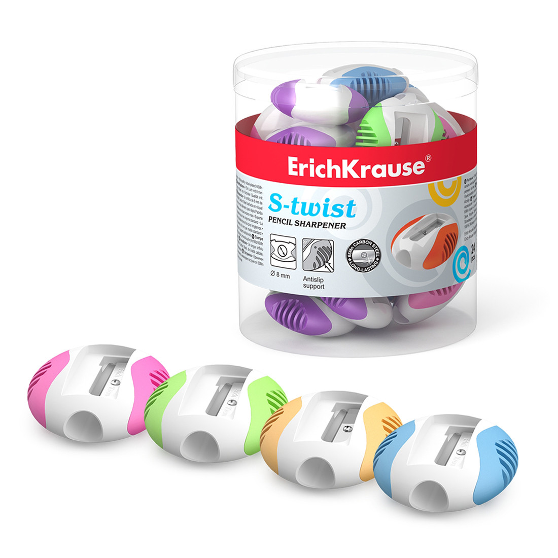 Пластиковая точилка ErichKrause® 33613 S-Twist цвет корпуса ассорти (в тубусе по 24 шт.)