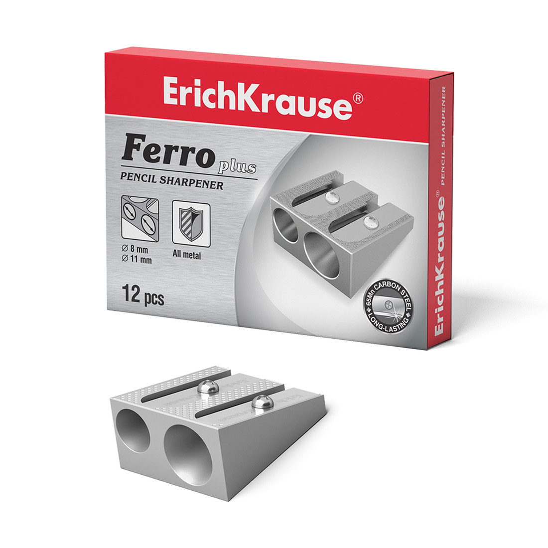 Металлическая точилка ErichKrause® 7075 Ferro Plus два отверстия цвет корпуса серебряный (в коробке по 12 шт.)