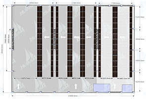 Как обычно начинаем с разработки плана установки стеллажных конструкций.
Задача наших проектировщиков максимально увеличить объем склада, не забывая о простоте доступа к паллетам.

