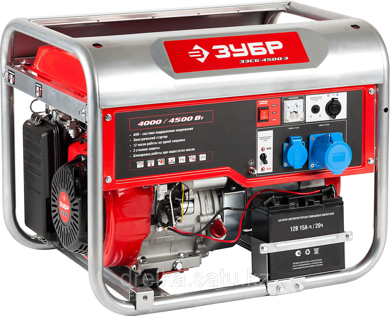 Бензиновый электрогенератор ЗУБР ЗЭСБ-4500-Э, двигатель 4-х тактный, ручной и электрический пуск, 4500/4000Вт