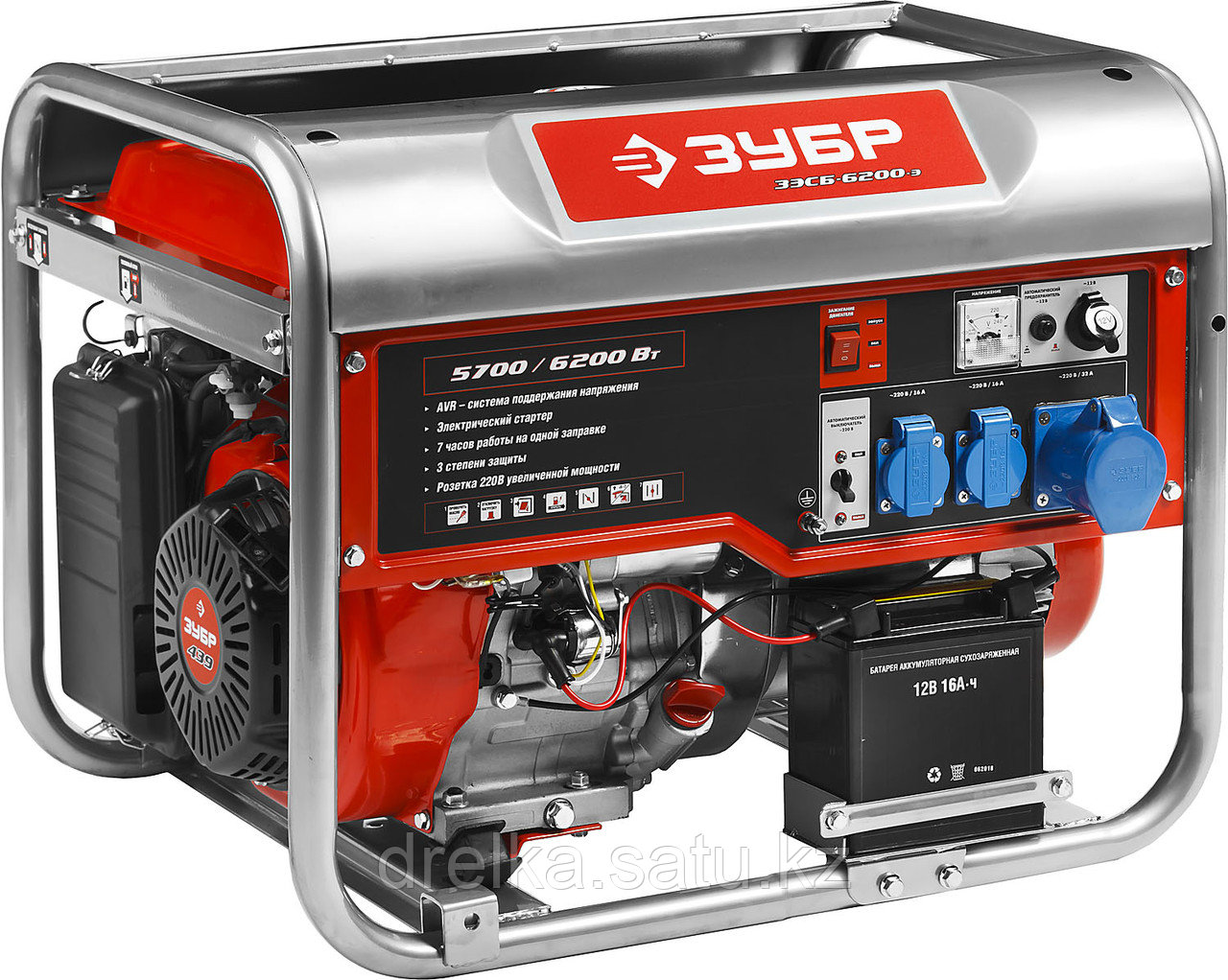 Бензиновый электрогенератор ЗУБР ЗЭСБ-6200-Э, двигатель 4-х тактный, ручной и электрический пуск, 6200/5700Вт.