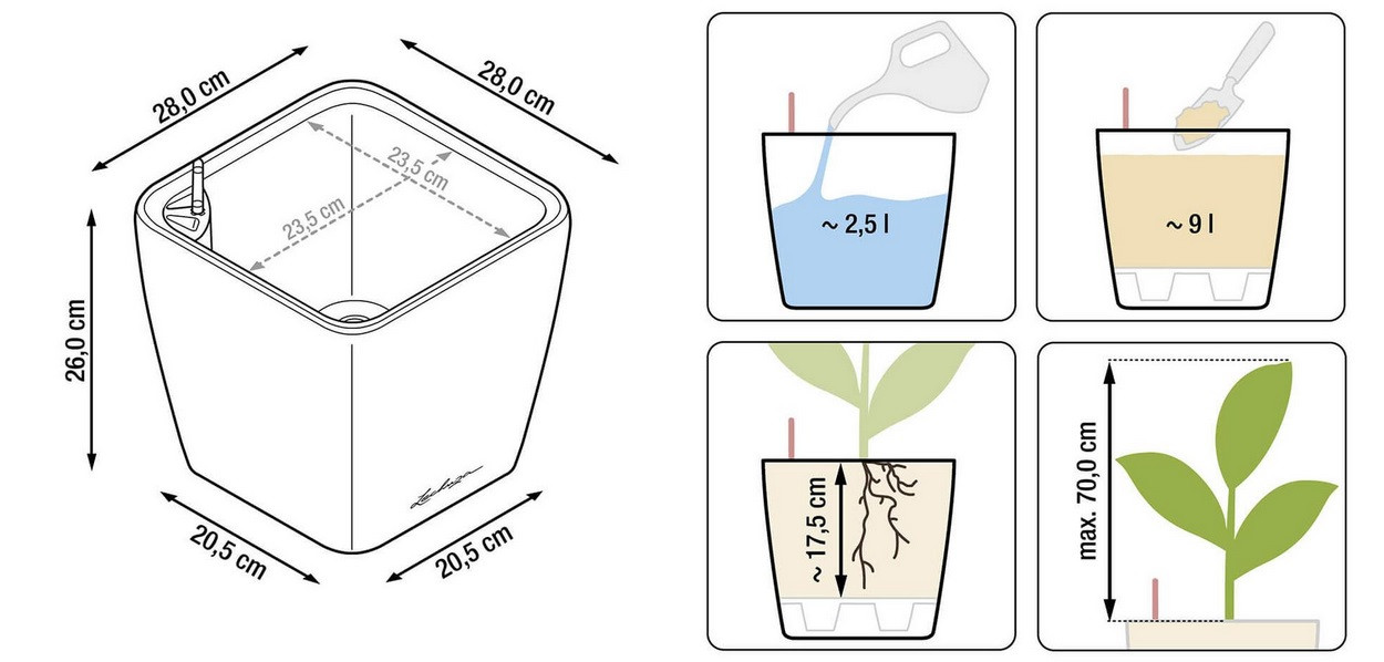 Вазоны с автополивом LECHUZA Quadro 28 - 28*28*33cм белый блестящий - фото 10 - id-p57128165
