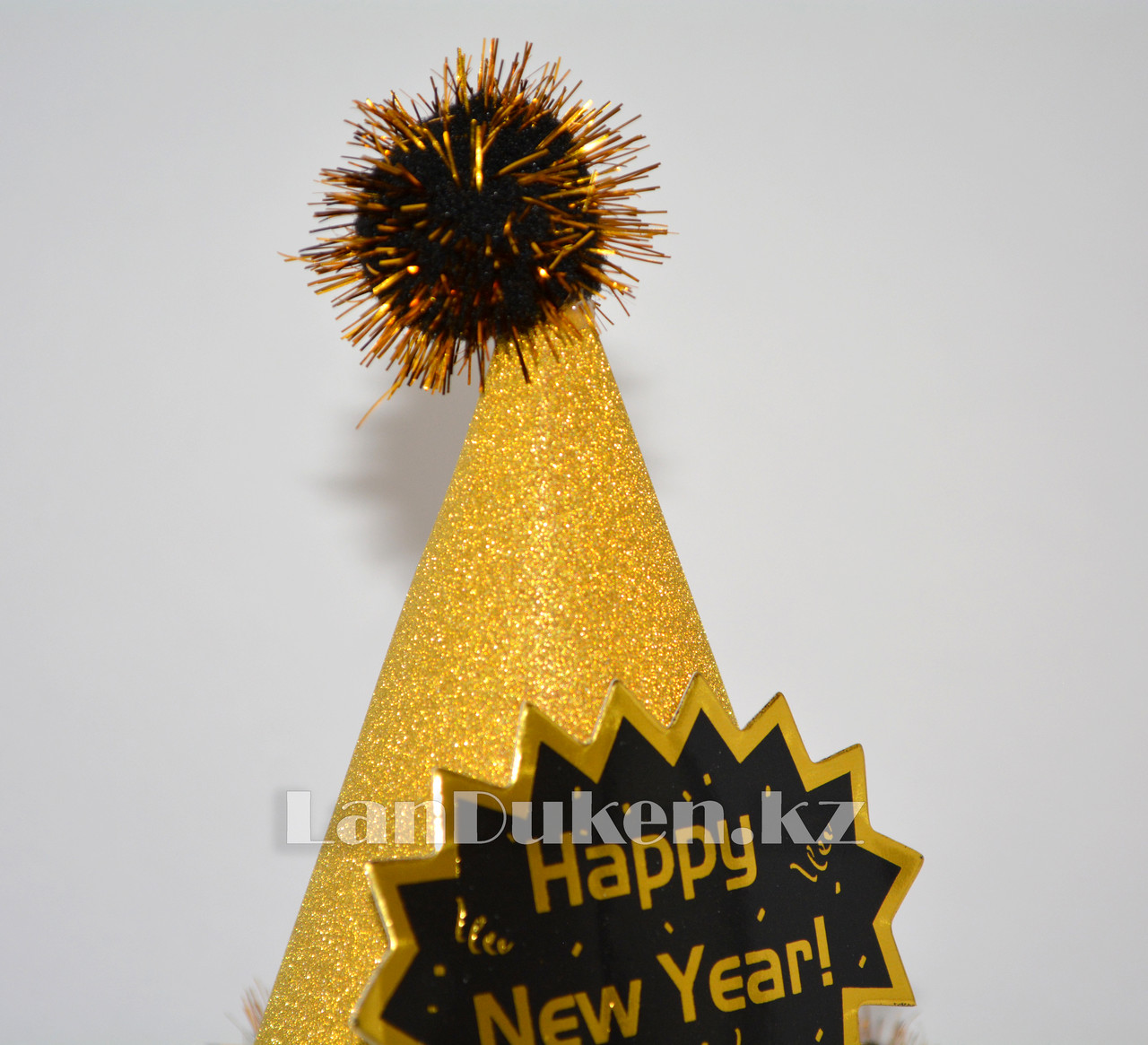 Шапка конус блестящая с помпонами С Новым Годом (Happy New Year) золотая - фото 2 - id-p57164368