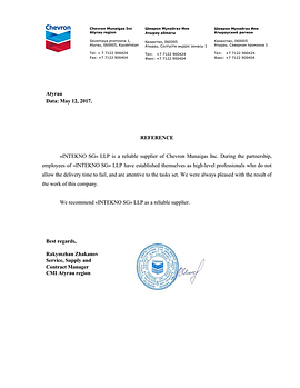 Letter of recommendation from Chevron Munai Gas to INTEKNO SG - EN