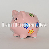 Копилка керамическая свинка с цветочным принтом розовая 11х10 см