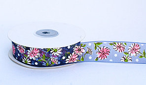 Декоративная лента из органзы полу-прозрачная, цветочки, синяя, 3 см
