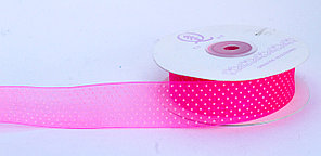 Декоративная лента из органзы полу-прозрачная, розовая в горошек, 3 см