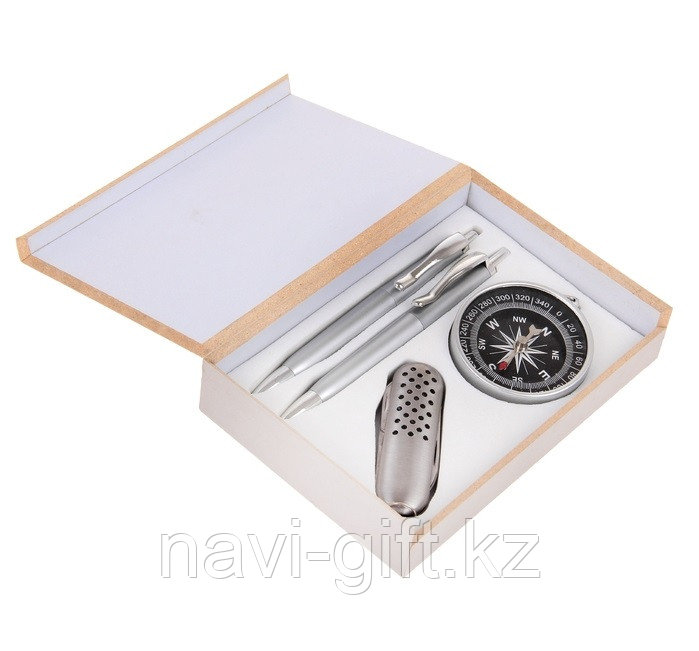 Набор подарочный 4в1 в деревянной коробке: 2 ручки, брелок-компас, нож 3в1, черный