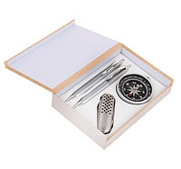Набор подарочный 4в1 в деревянной коробке: 2 ручки, брелок-компас, нож 3в1, черный
