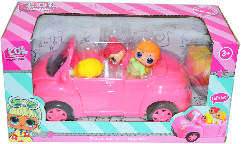 Немного помятая!!! розовая машина 3 куклы и корзина пикник 33*18см