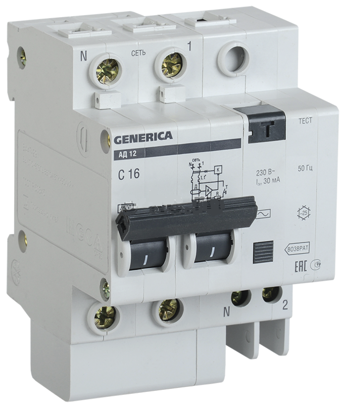 Выключатель автоматический дифференциального тока Generica АД12 16А 30мА С 2п - фото 1 - id-p57958966
