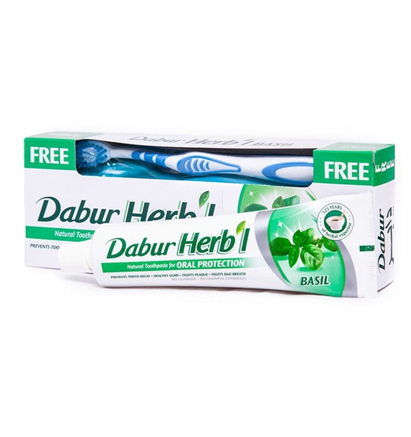 Зубная паста от кариеса Dabur Herbal Basil (базилик) + зубная щетка