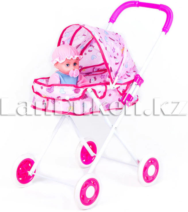 Детская складная коляска для кукол розовый h=56 см (Узоры в ассортименте) - фото 1 - id-p58258122