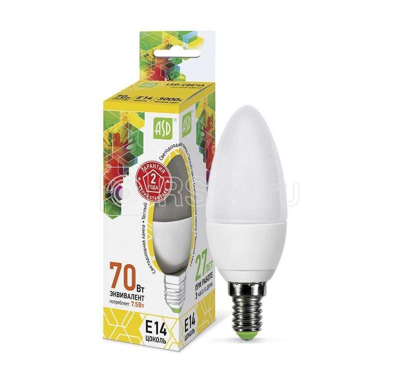 Лампа светодиодная LED-свеча-standard 7.5Вт свеча 3000К тепл. бел. E14 675лм 160-260В ASD - фото 1 - id-p58520952