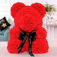 Мишка декоративный из роз с ленточкой в подарочной коробке [40 см] (Красный)