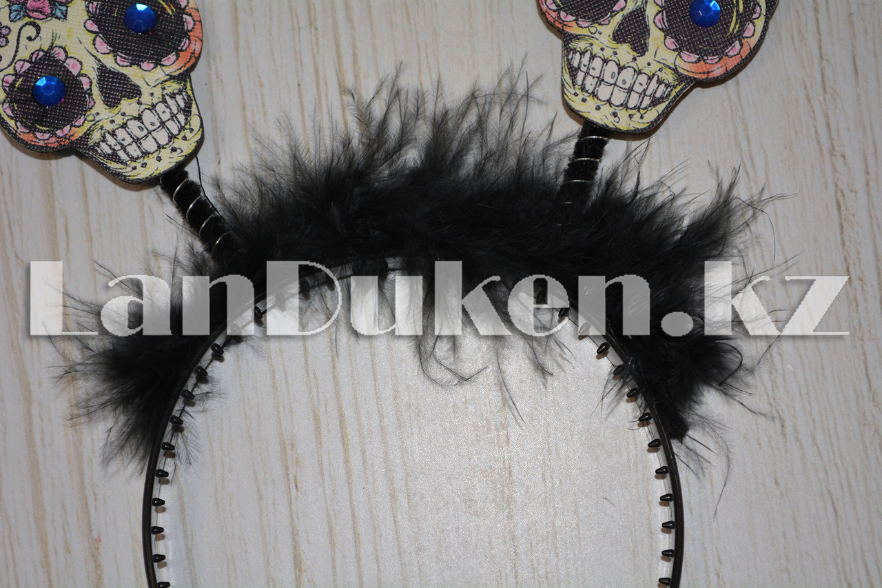 Ободок черный с пухом ушки скелетные с бантиком - фото 4 - id-p58612112