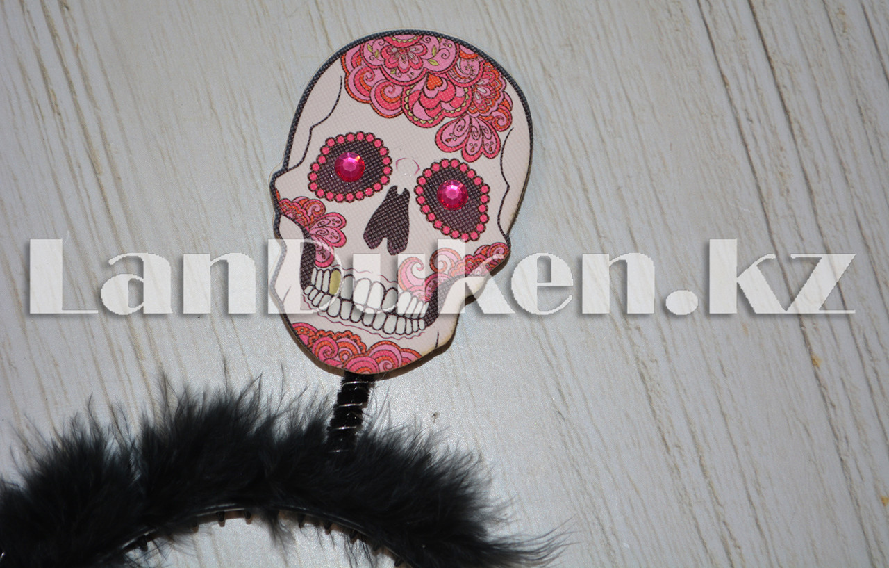 Ободок черный с пухом ушки скелетные розовые - фото 4 - id-p58754037