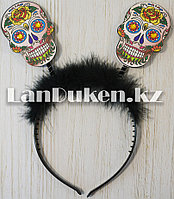 Ободок черный  с пухом ушки скелетные цветные