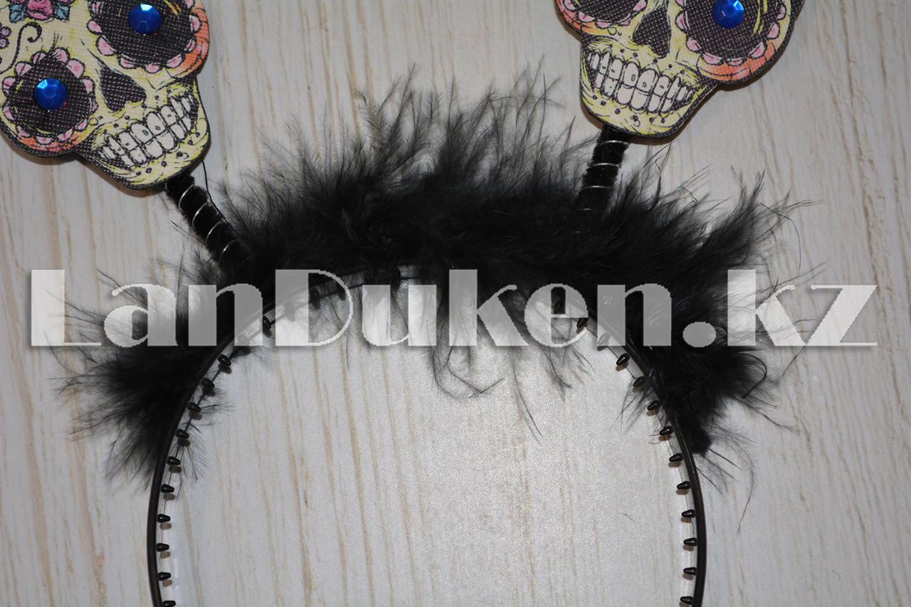 Ободок черный с пухом ушки скелетные с бантиком - фото 4 - id-p58817639