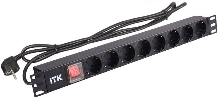 ITK PH12-8D1-P PDU 8 розеток нем. стандарт с LED выключателем, 1U, шнур 2м вилка нем. стандарт, проф