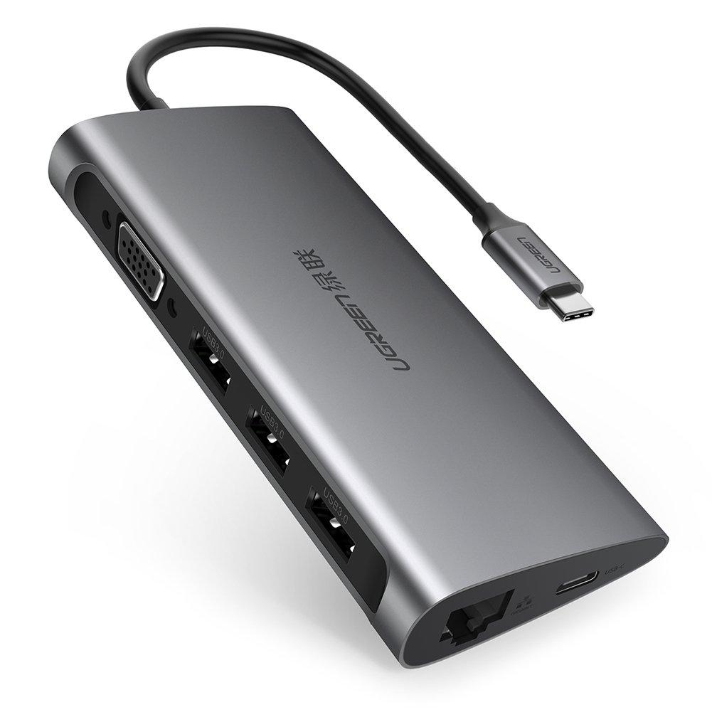 Type C мультифункциональный хаб-конвертор. 1*Ethernet, 1*VGA, 3*USB 3.0, 2*card reader +PD