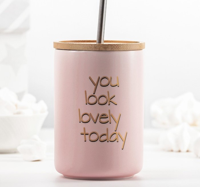 Стакан "You look lovely today" 480 мл, с деревянной крышкой и трубочкой
