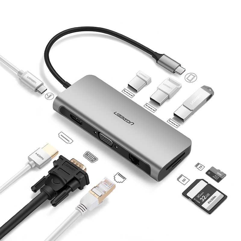 Type C мультифункциональный хаб-конвертор. 1*Ethernet, 1*VGA, 1*HDMI, 3*USB 3.0, 2*card reader +PD