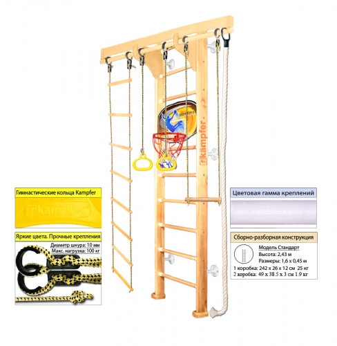 Домашний спортивный комплекс Kampfer Wooden Ladder Wall Basketball Shield Высота 3 м 2.43, №0 без покрытия - фото 1 - id-p58921647
